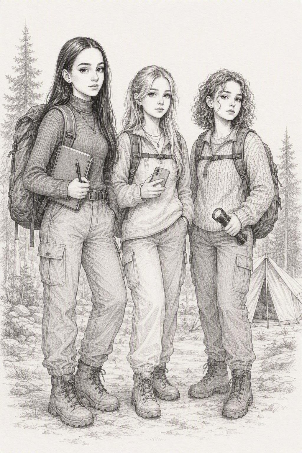 Tres chicas cuerpo entero de acampada