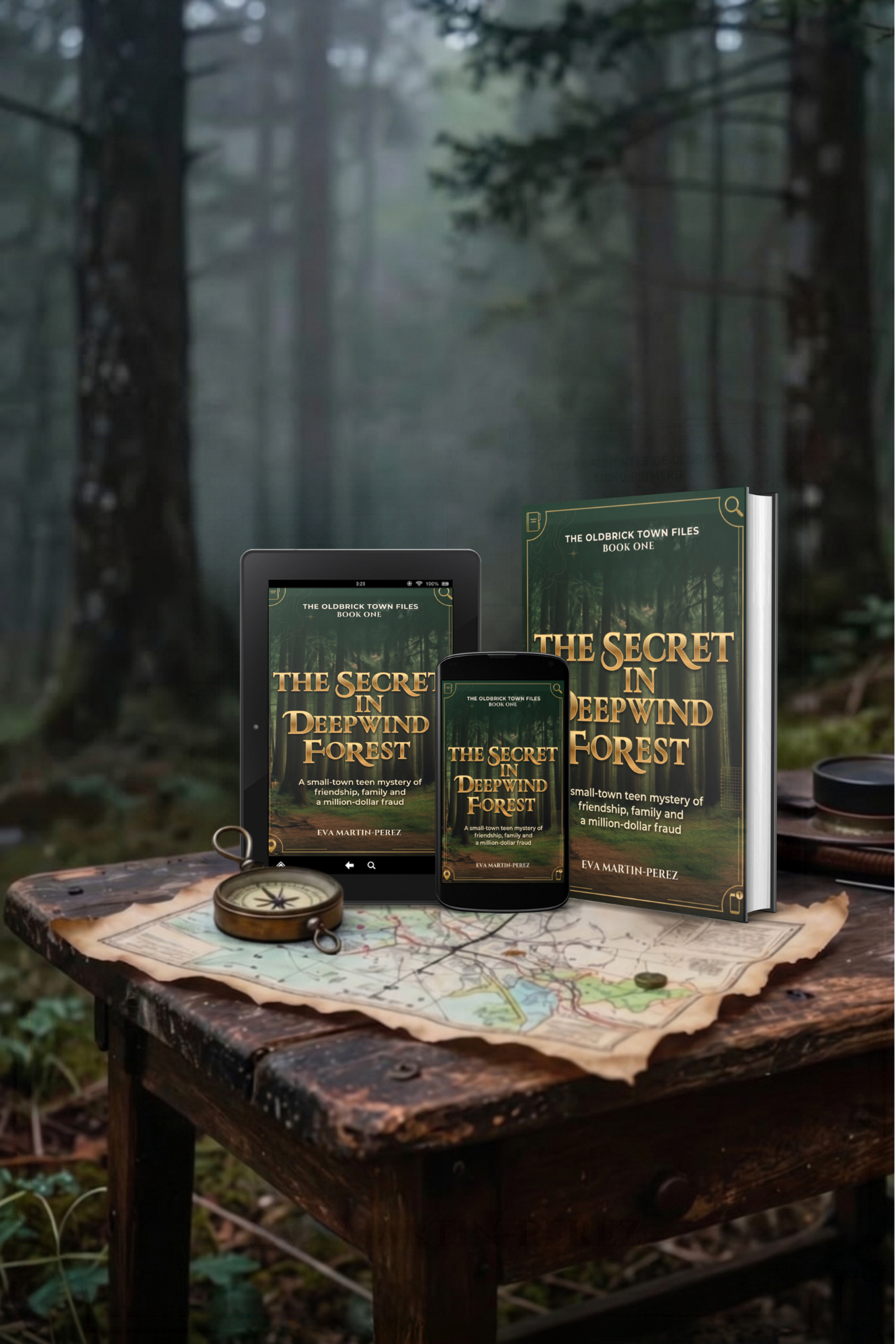 Bosque con mesa, mapa, brújula y libro, movil y tablet con la portada del libro
